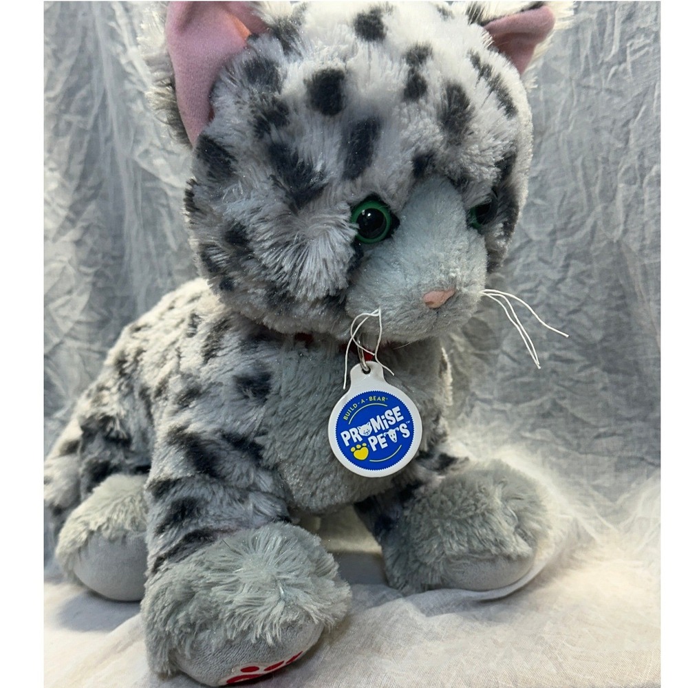 Build-A-Bear Workshop Promise Pets Grey Spotted Cat Plush with Red Collar Tag